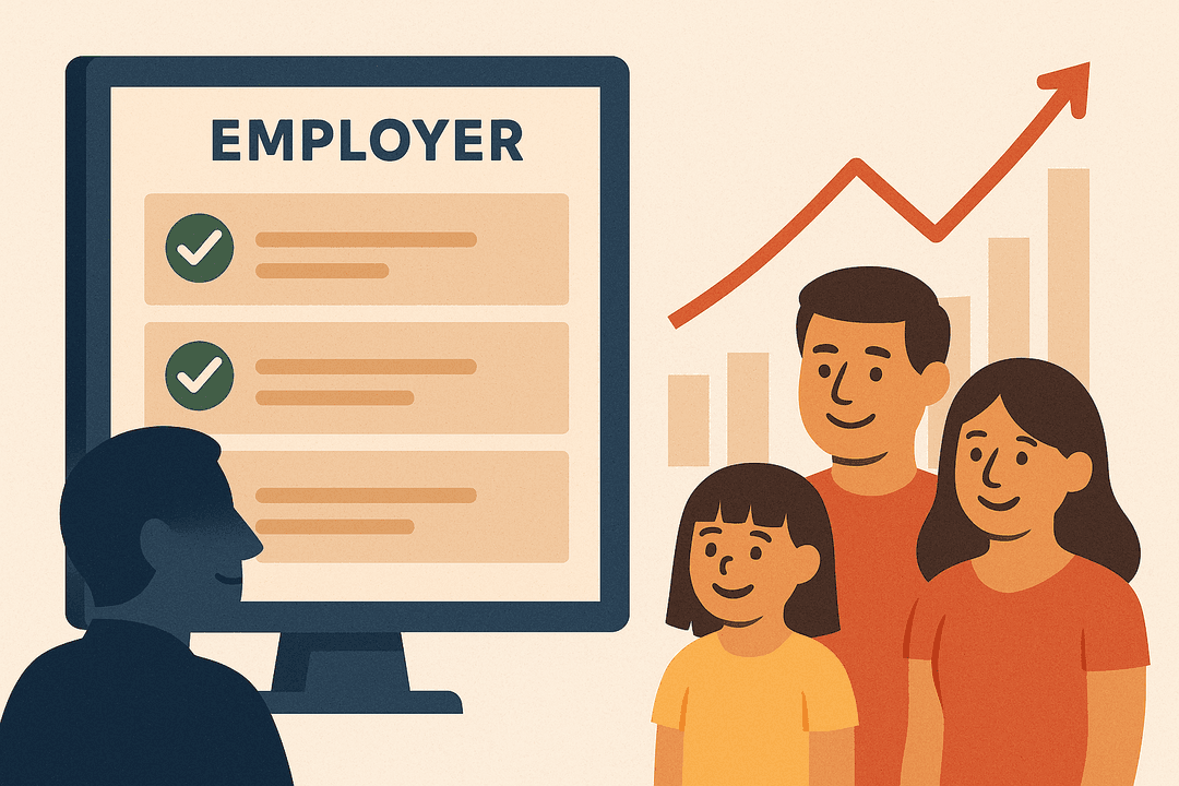 Checkmarks, upward trend line, happy family, and employer dashboard